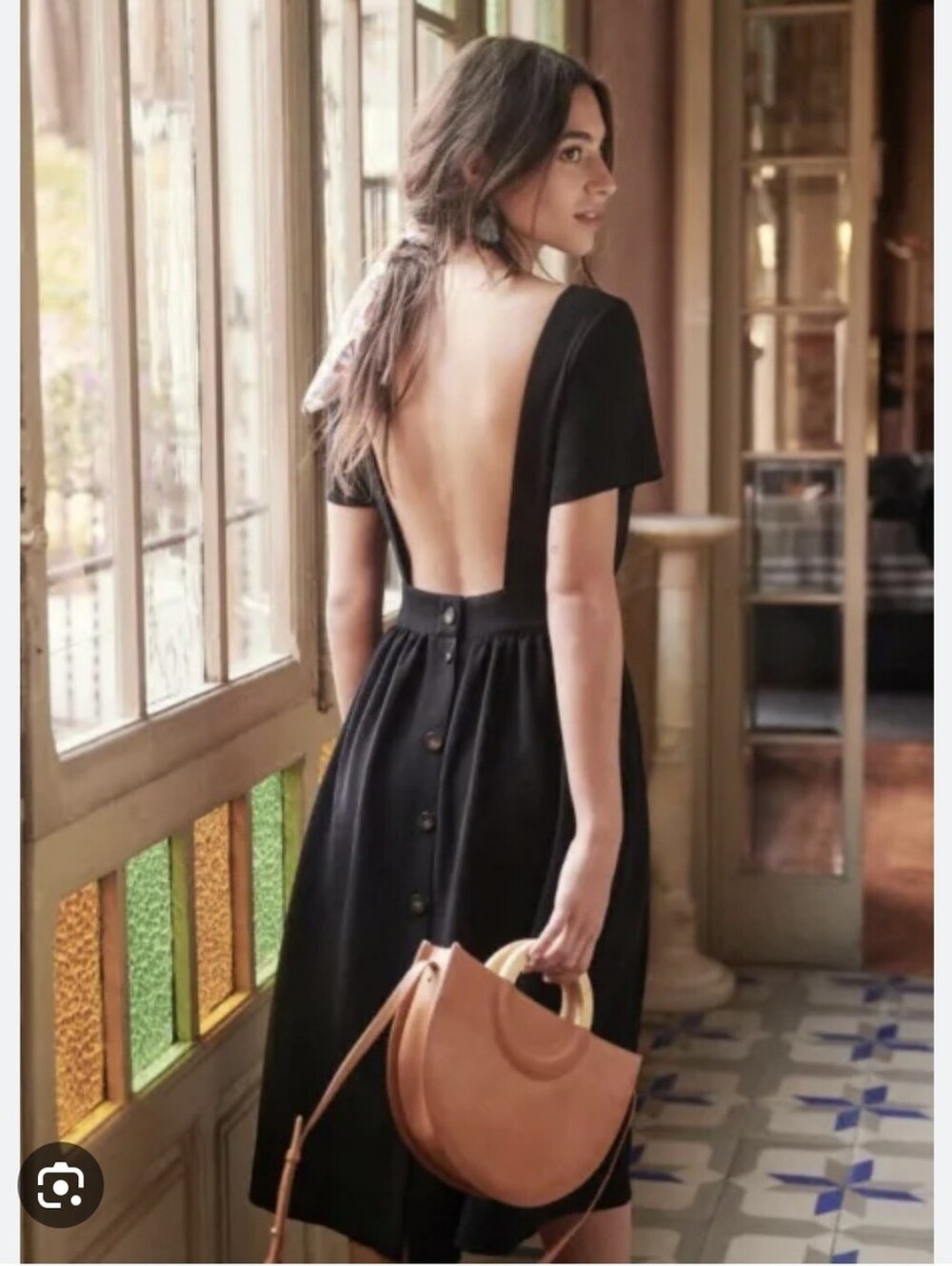 Sezane Black Backless Midi Dress with Button-Back